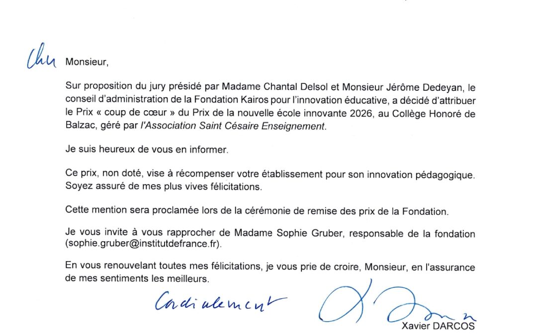 Distinction de l’Institut de France pour le Collège Balzac